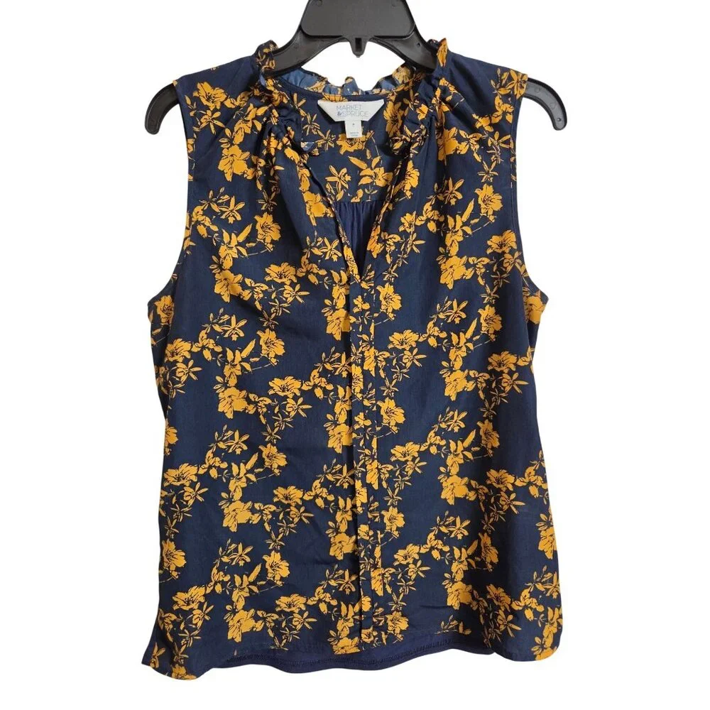 Market & Spruce Floral Sleeveless Ruffle Blouse Navy & Yellow Womens Large - Picture 3 of 14